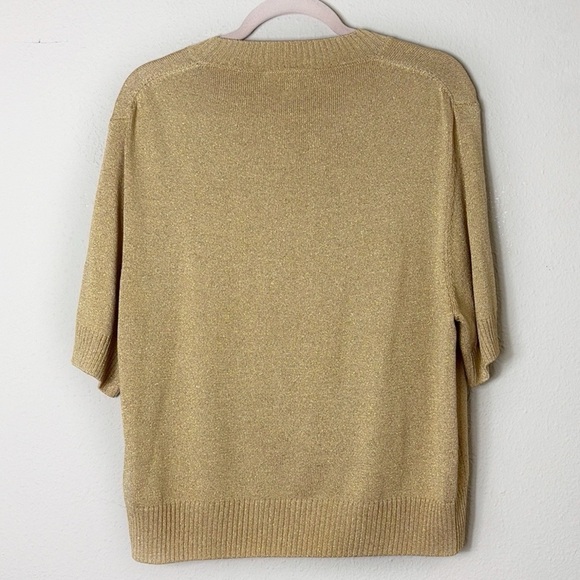 St John Basics Metallic Gold Knit Waist Length Short Sleeve Sweater Top Sz L - Picture 2 of 7
